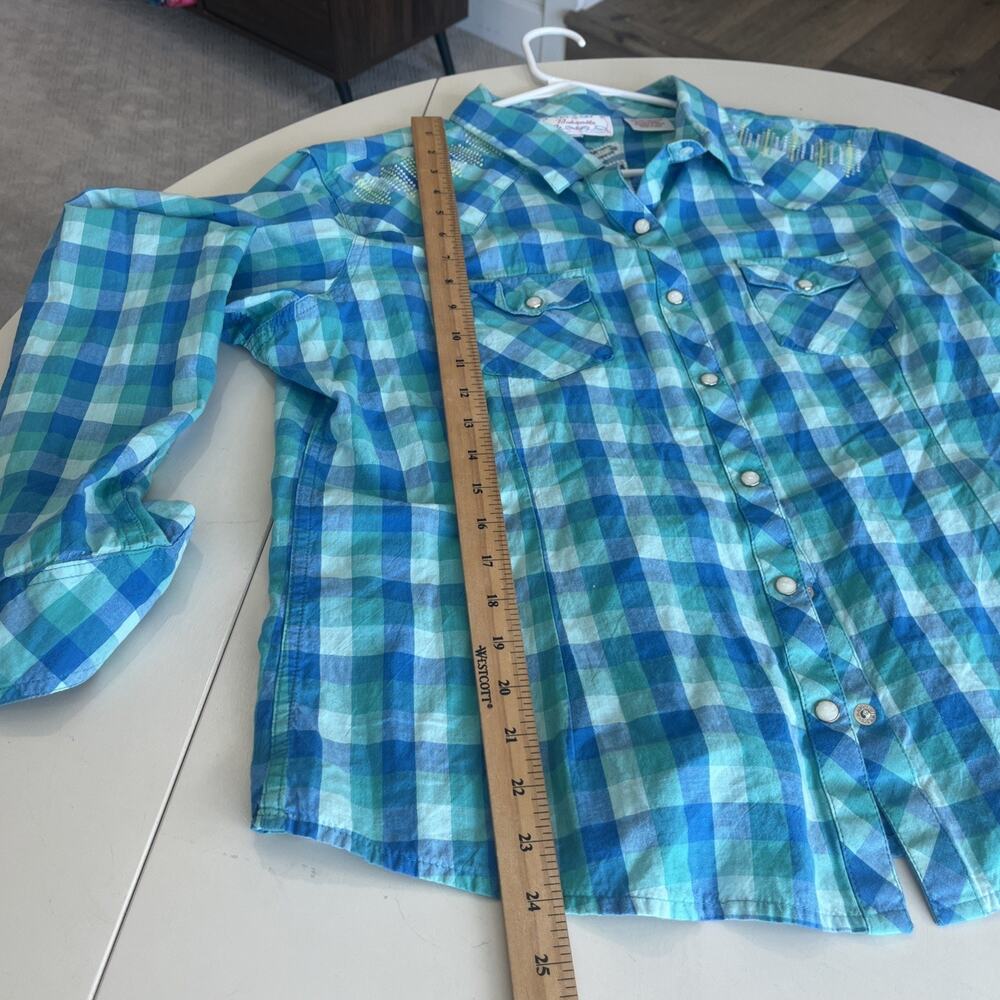 VTG Panhandle Women Snap Front Shirt Turquoise Aztec Beads Roll Tab Large - Picture 10 of 15